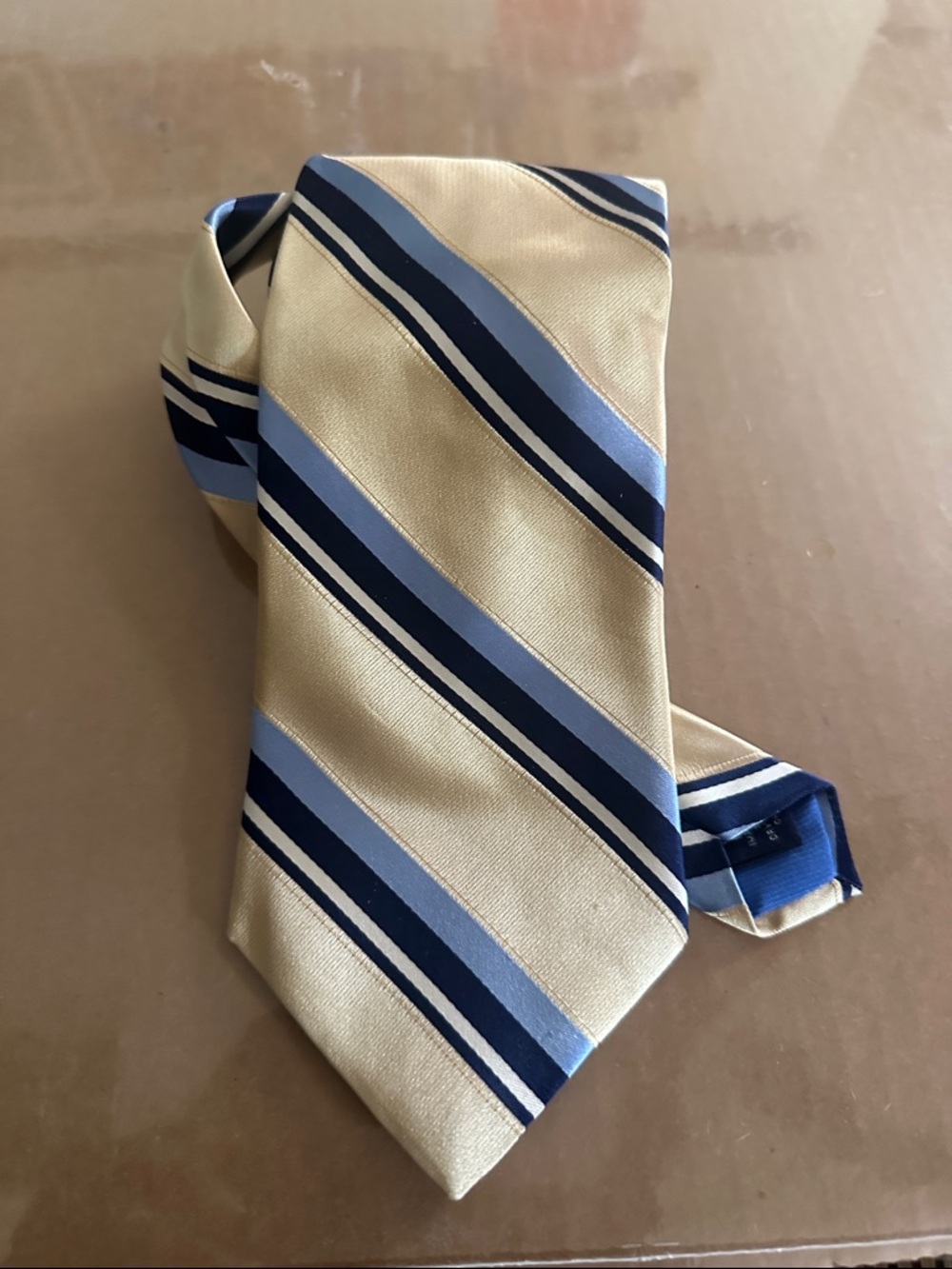 Roundtree & Yorke Gold Tie with Navy and Light Blue Stripes